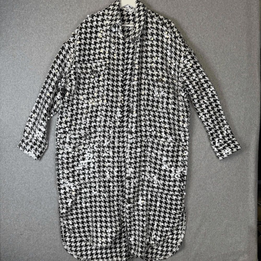 Zara Womens Size Large Limited Edition Sequin Overshirt Black Houndstooth NWT